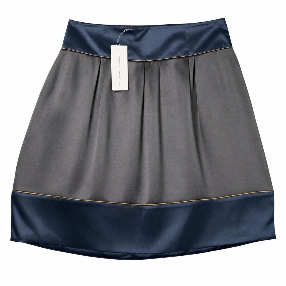 French Connection Silk Colorblock Pleated Mini Skirt Women's 8 Navy Gray NWT